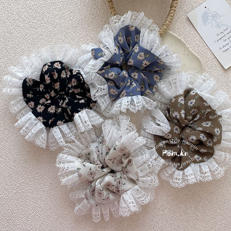 The new Korean-style fashionable and sweet lace fringed hair band, high elasticity bun hairstyle for girls, large intestine band and simple ponytail band Specification image