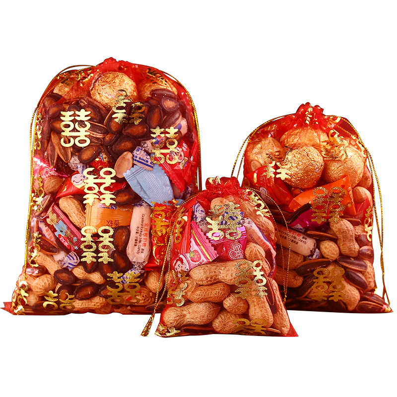 【50 Pieces 】 Wholesale Wedding Candy Yarn Bag Drawstring Hand-Held Melon Seed Sugar Chinese Wind Gift Gauze Bag Item Picture