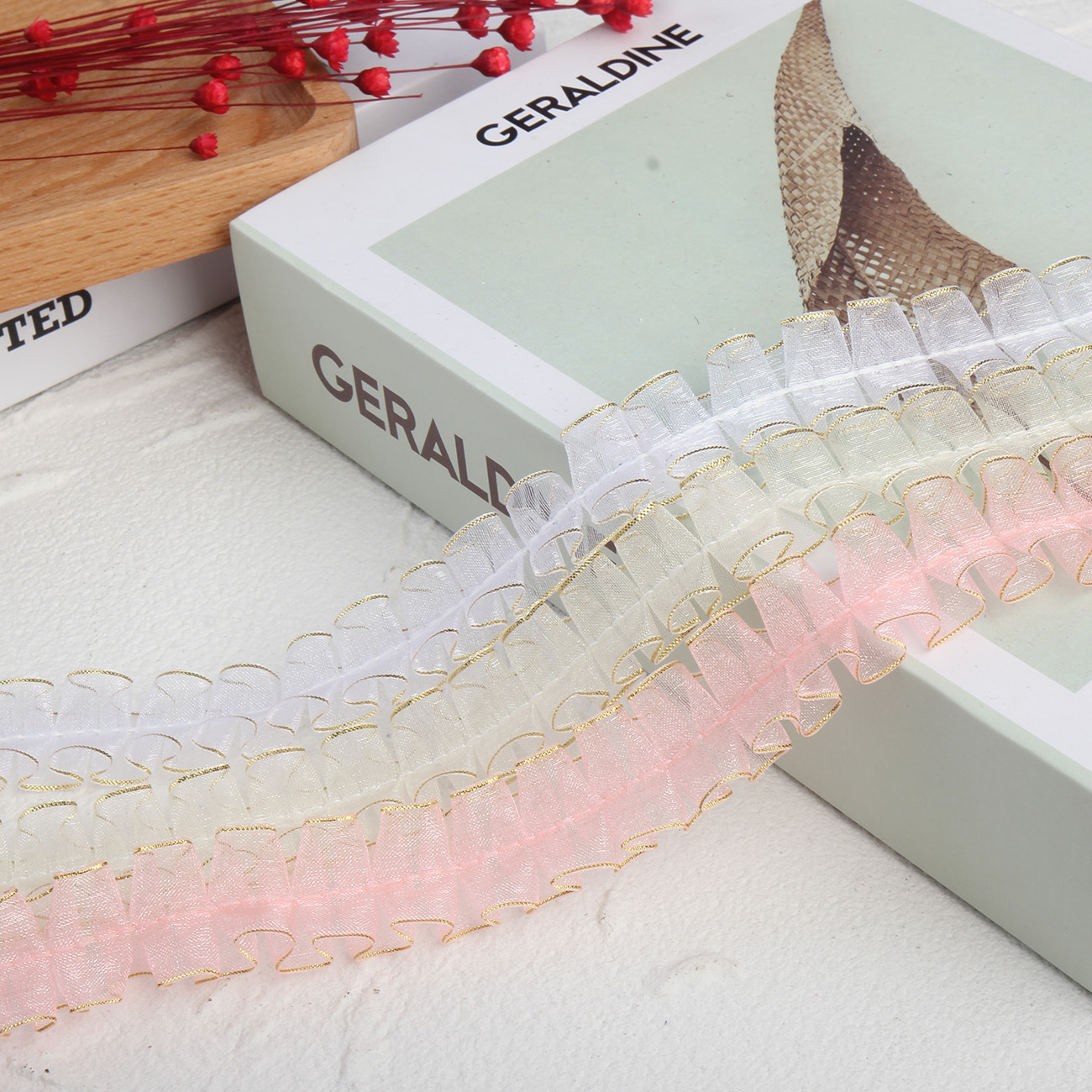 2cm double gold border snow gauze with center line pleated lotus leaf fish bone toy hair accessory, discounted lace Specification image