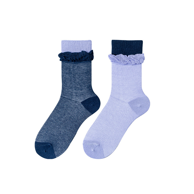 Summer Breathable Thin Ab Socks For Women Asymmetrical Trend Solid Color Mesh Double Rims With Curly Hem Mid-Tube Socks For Women Item Picture