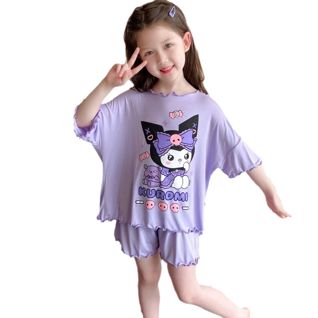 童睡衣女童夏季薄款短袖卡通库洛米小中通小女孩宝宝家居服套装白底实物图