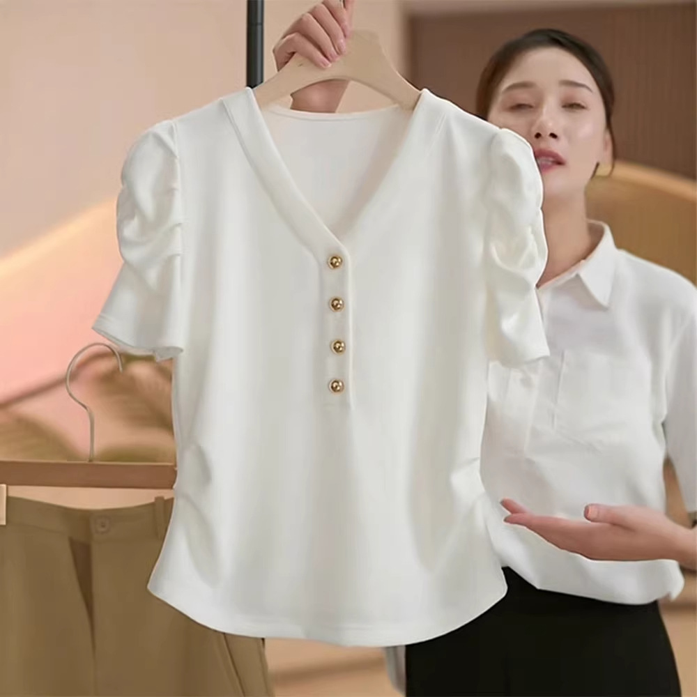 2026 Summer New stylish short-sleeved T-shirt for women, slimming with puffed sleeve collar, versatile and form-fitting top A10837