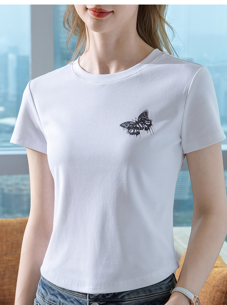 Short-sleeved T-shirt for women's summer 2025 new style, straight-shoulder round-neck butterfly print T-shirt, slimming and slim Korean-style top pic 10