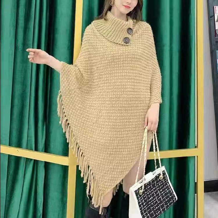 Winter new cape shawl women's Korean-style fashionable tassel warm thickened knitted woolen button pullover scarf details Picture