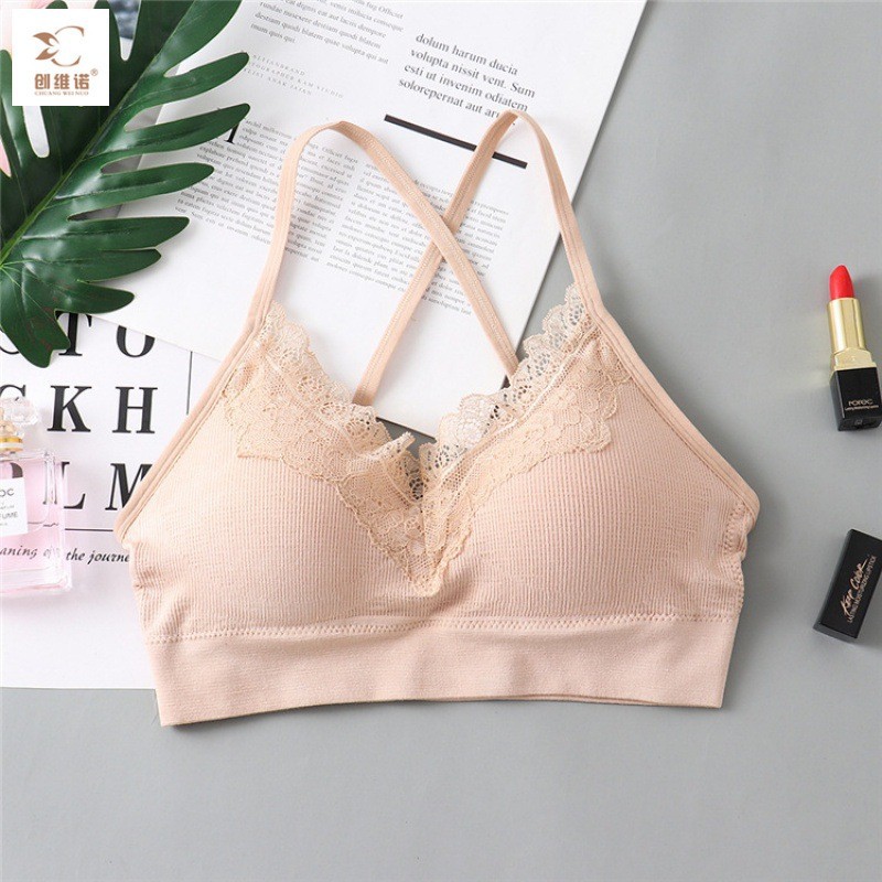 Frameless sports bra, one-piece fixed cotton cup, lace edge, solid color, versatile basic style 0036 for women Specification image