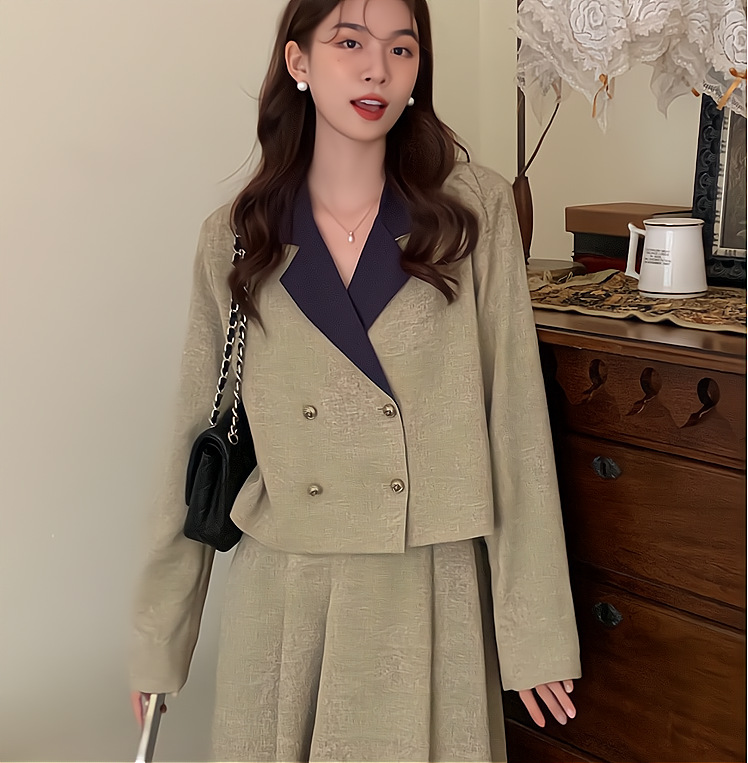 小香风套装2022秋季新款复古西装拼色双排扣长袖收腰半身裙两件套