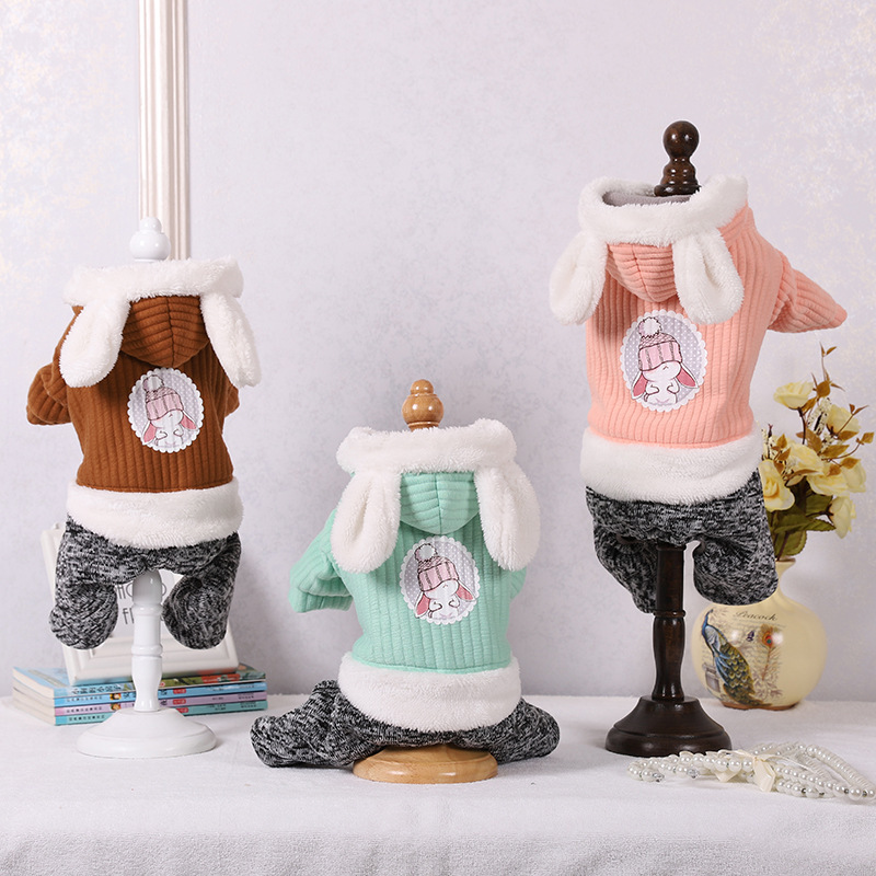 Pet coat with fleece, cute big rabbit ears, cat cotton-padded jacket, warm and comfortable for autumn and winter, dog four-legged clothing