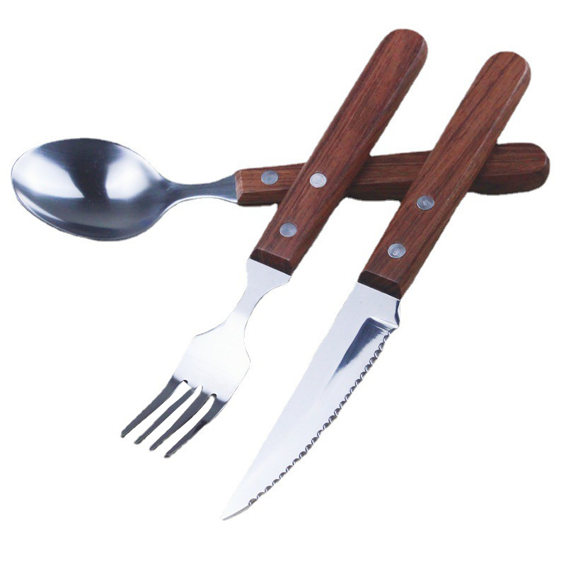 Home Wooden Handle Tableware Steak Knife And Fork Hotel Western Stainless Steel Tableware Set Three Sets Of Knife, Fork And Spoon Wholesale Item Picture