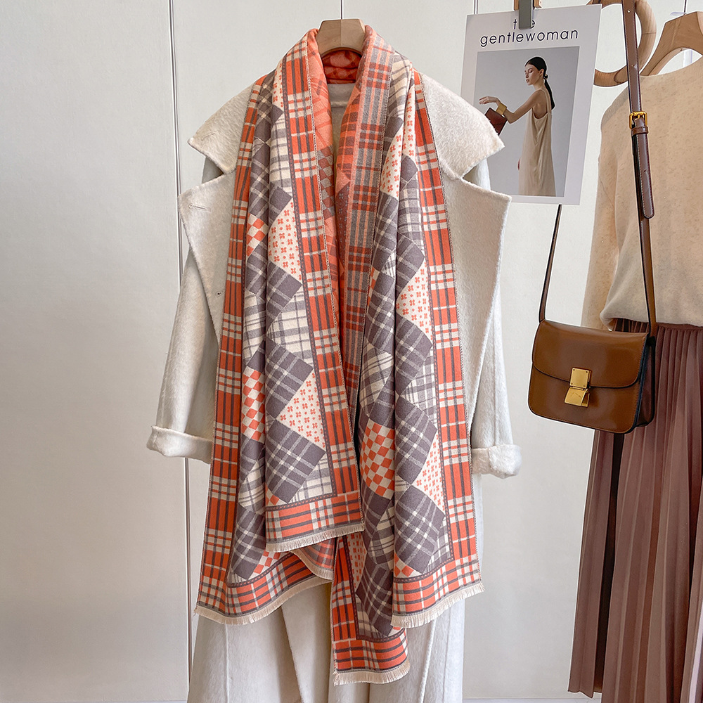 Autumn-Winter Simple Scarf Women's Plaid British Style Print Double-Sided Matching Color Bib Lengthened Thick Pulled Hair Shawl Cape Application Scenario