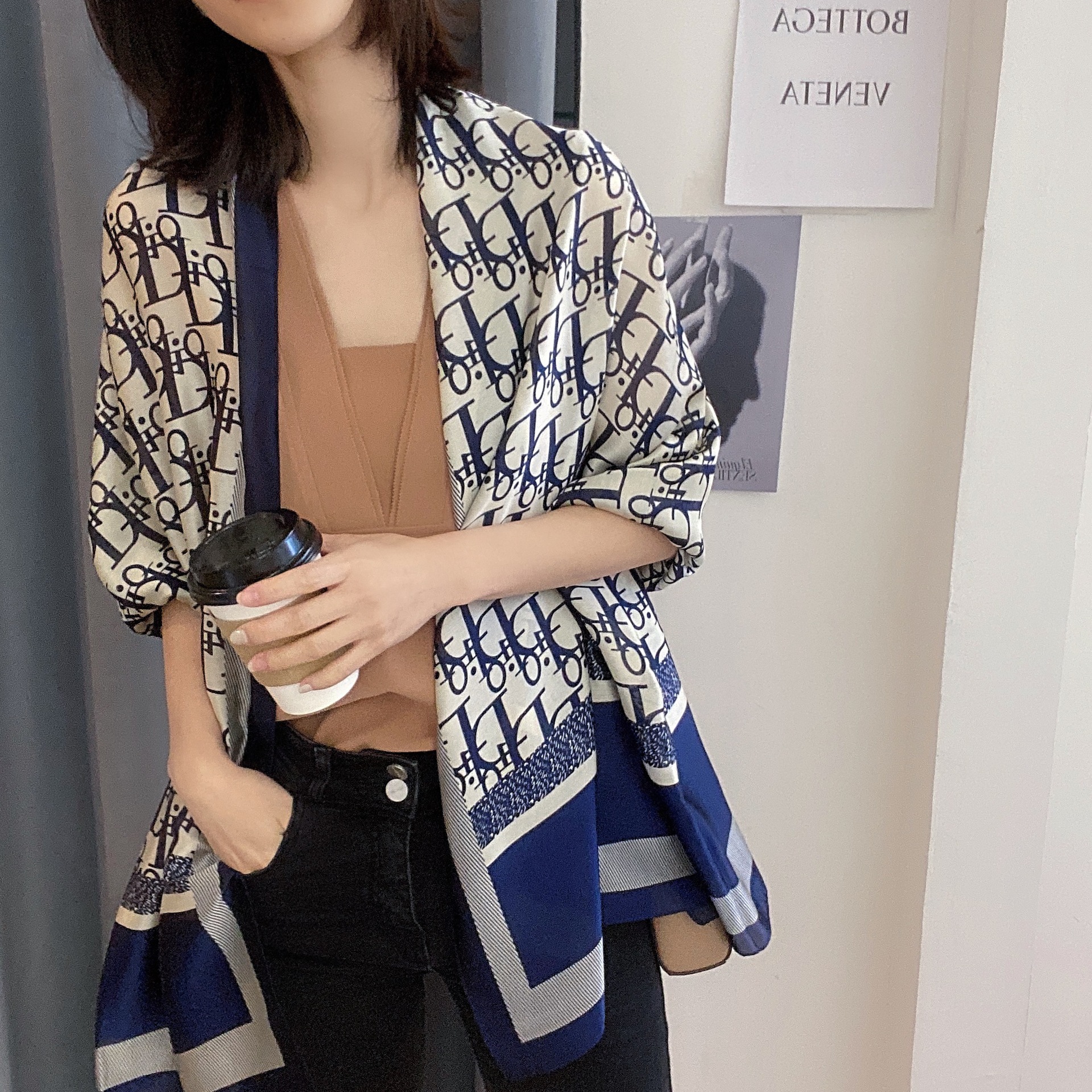 Autumn And Winter New High-Grade Fashion Imitated Silk Scarf Female Letter Pure Color Silk Silk Silk Scarf Brand Shawl details Picture