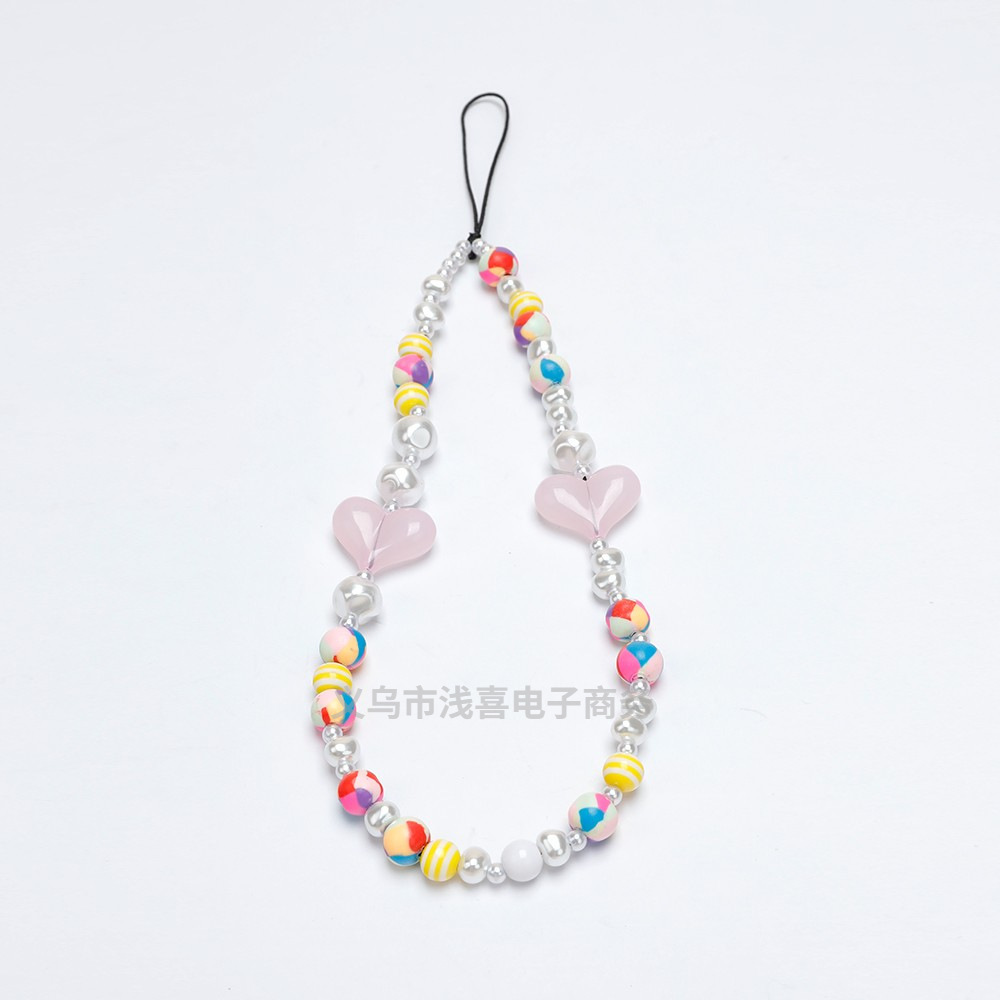 Park Chae-young's same style mobile phone chain, ins pink beaded pendant, heart-shaped heart pendant, lanyard, short wrist, Korean version for women details Picture