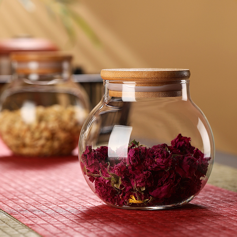Bamboo lid glass tea canister, sealed jar, household kitchen grain storage box, storage jar, covered storage small jar details Picture
