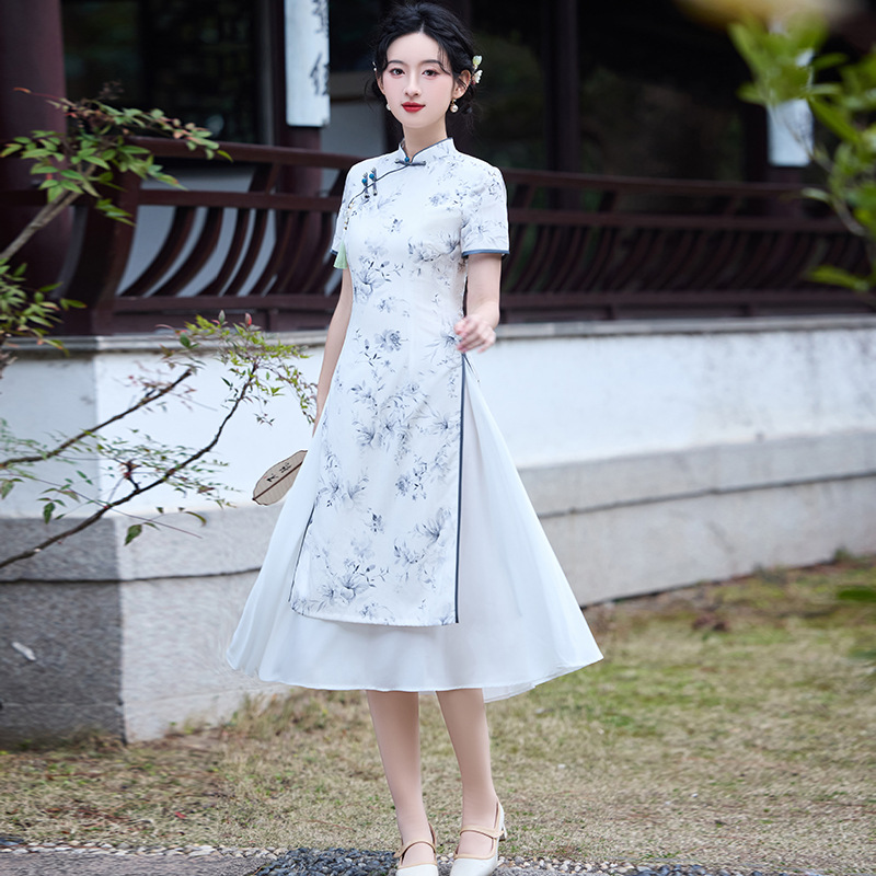 国潮春夏新款旗袍改良新中式旗袍裙文艺复古中长款显瘦遮肉旗袍