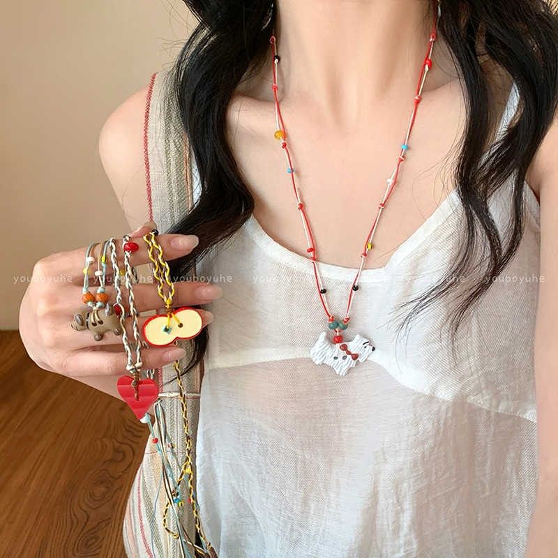 Cartoon ceramic puppy beaded pendant necklace, women's dopamine colorful long adjustable hoodie chain, versatile accessories details Picture