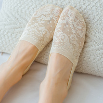 夏季薄款深口船袜提花蕾丝隐形船袜女硅胶不掉跟棉底吸汗浅口短袜
