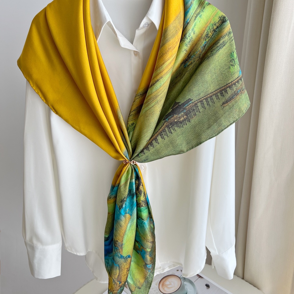 New Chinese Gifts For Women Chinese Style Thousands Of Miles Jiangshan Picture Large Square Scarf Imitation Silk Scarf Shawl Mother's Day Scarf Specification drawing