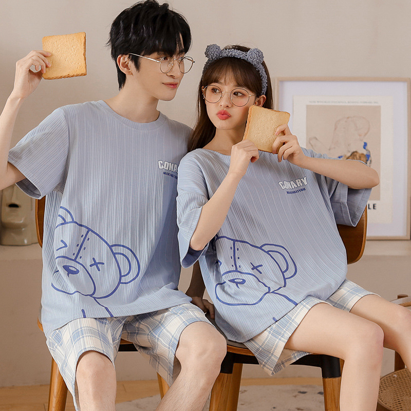 The 2022 new Korean-style couple pajamas for women are a thin, casual, pure cotton short-sleeved men's home wear set that can be worn outside Application Scenario