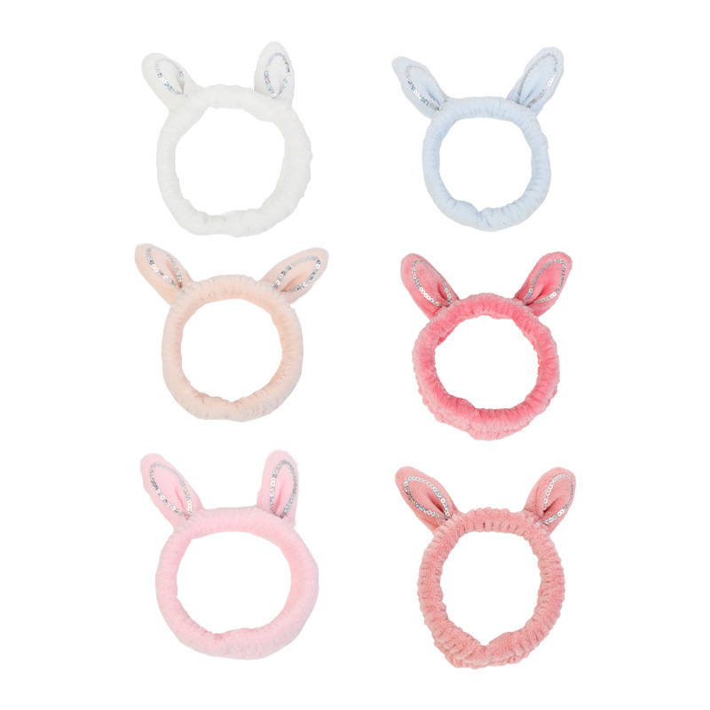 Japan And South Korea Sweet And Cute Glitter Rabbit Ears Design Plush Headband Net Red Girl Heart Face Makeup Headband Item Picture