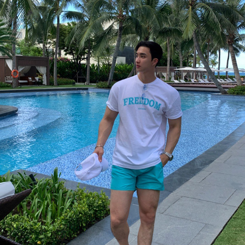 MYQ stylish letter-printed T-shirt for men, summer loose pure cotton short-sleeved, Korean style, trendy and high-end, round-neck half-sleeved Application Scenario