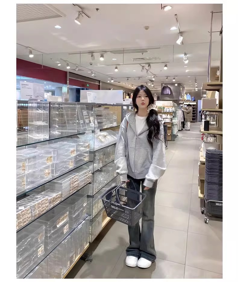 韩系慵懒风灰色连帽卫衣女秋冬加绒加厚慵懒宽松开衫拉链外套上衣详情8