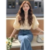 A new Chinese-style apricot-colored short-sleeved shirt for women in summer, exuding a light luxury and high-end charm, with a gentle and elegant French puffed sleeve button-up top Application Scenario