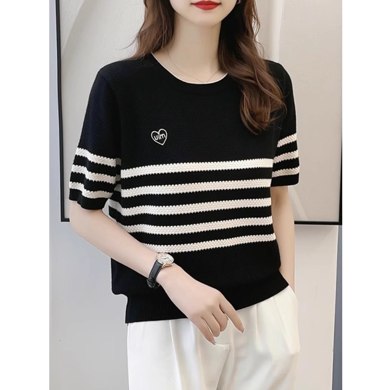 A new large-sized round-neck ice silk knitted short-sleeved top that can hide flaws and make you look slimmer, a versatile short-sleeved women's T-shirt and top for summer A3516
