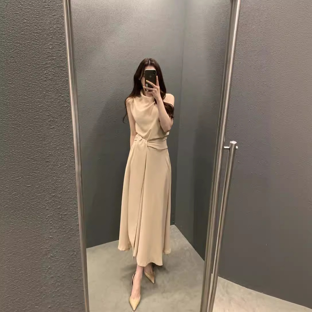 Estilo coreano chic verano francés elegante heap heap cuello cordón cerrado cintura slim vestido sin mangas vestido midi mujer