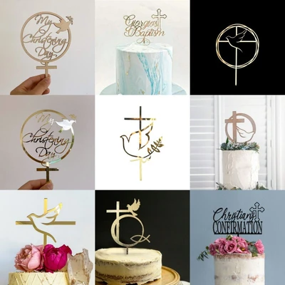 Cross Border Peace Pigeon Cross Cake Decoration Plug-In Baby Eucharist Baptism Party Decoration Cake Tag