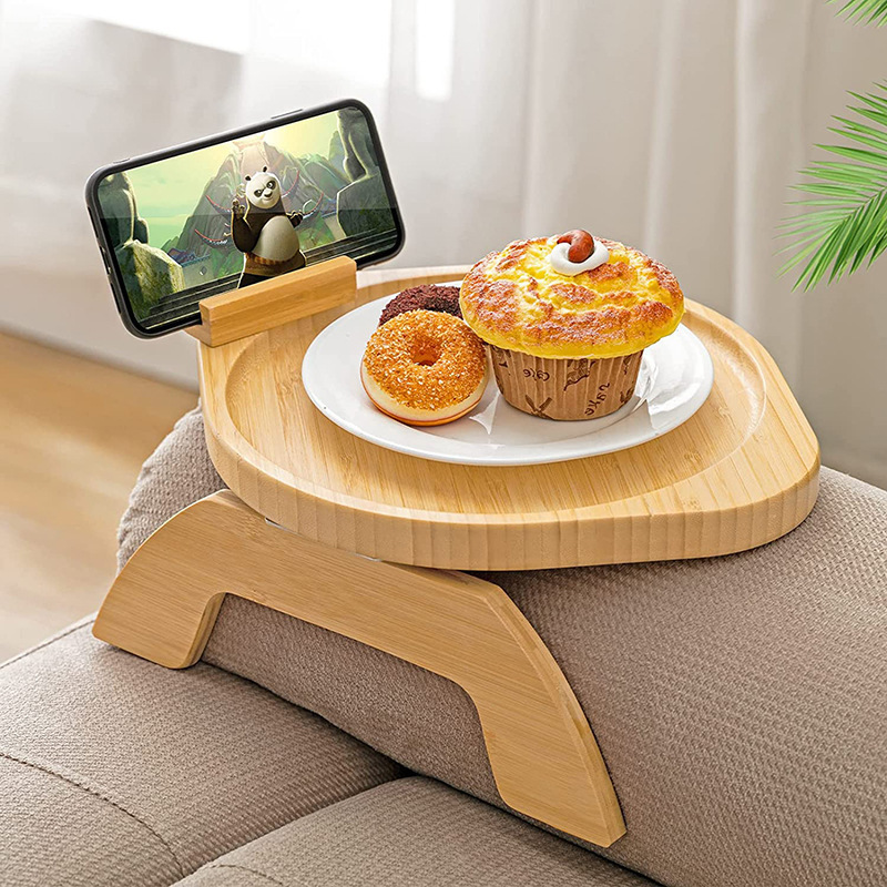 Wooden lazy sofa tray food inventory, heart-shaped rotating tray with mobile phone and tablet stand, wooden foldable tray Application Scenario