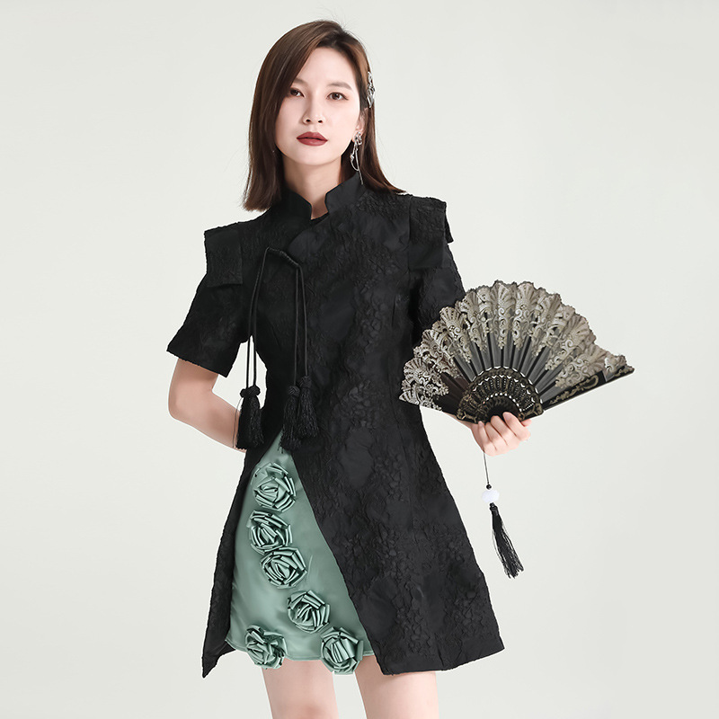 中创日臻2023高级感黑色新中式改良旗袍连衣裙女暗纹盘扣连衣裙夏