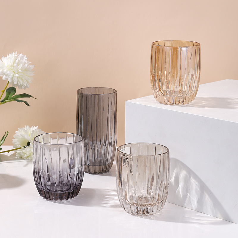 北欧现代轻奢加厚玻璃杯晶状条纹水杯水晶杯高颜值简约条纹咖啡杯