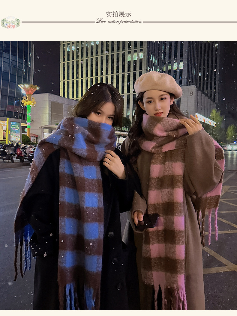 时尚韩版格子仿羊绒围巾冬季保暖加厚撞色彩色学生情侣围脖长巾详情8