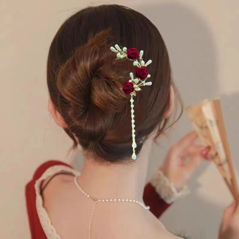 u型发簪玫瑰花红色订婚发饰古典流苏古风簪子发钗旗袍敬酒服头饰