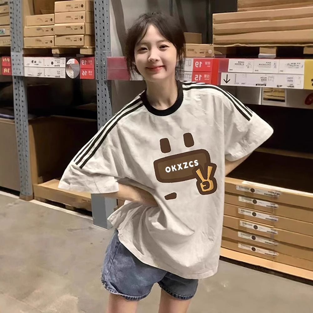 Pure cotton striped design short-sleeved T-shirt for women's summer new loose, American retro, Hong Kong style chic and niche top