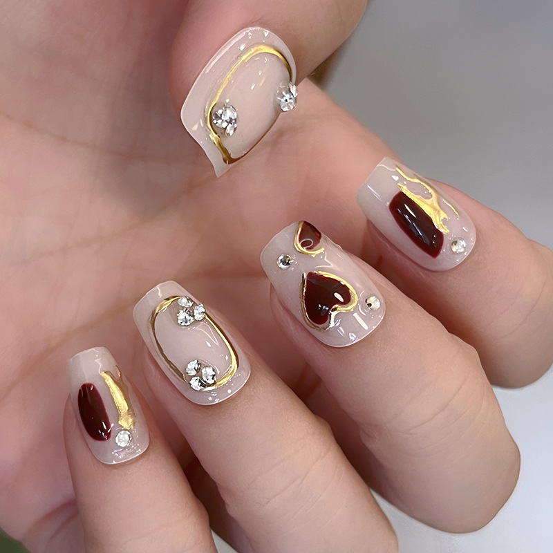 Pure Hand-Worn Nail Red Book Hand-Painted Love Nail Art Net Red Light Luxury Smudging Bride Nail Removable Fake Nails Specification drawing