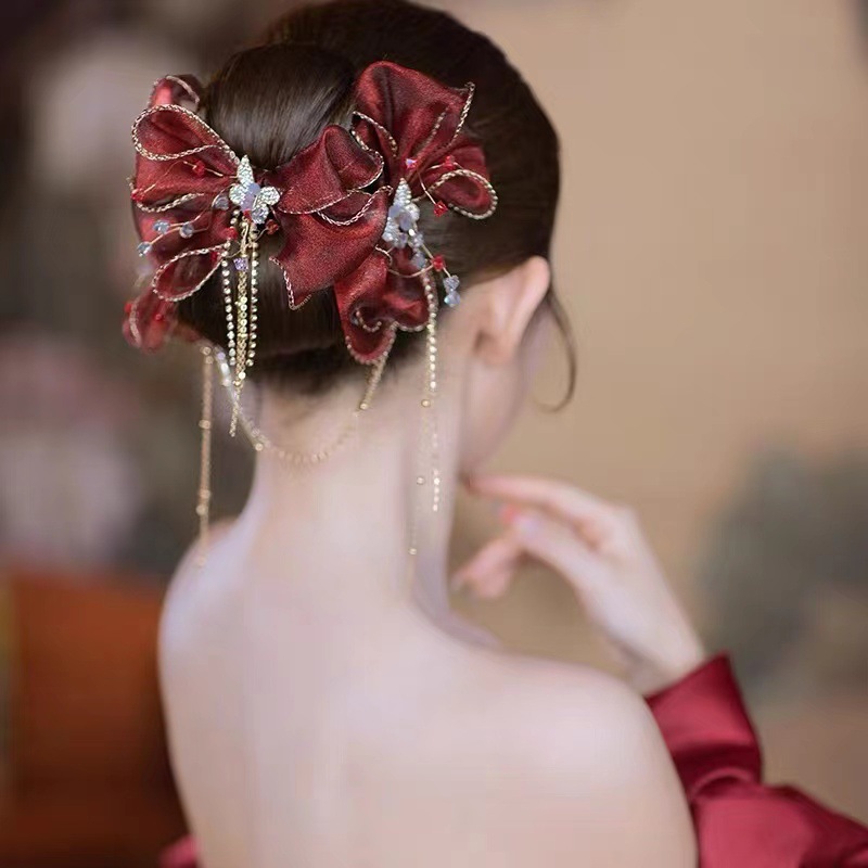 Ethnic Style Headwear Chinese Vintage Wine Red Bow Hair Clip Mori Tie Fairy Beauty Fringe Toasted Dress With Accessories details Picture