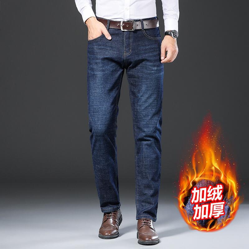 Straight-leg fleece jeans for men, men's badge wide winter stretch middle-aged trousers, Korean version cotton casual pants Item Picture