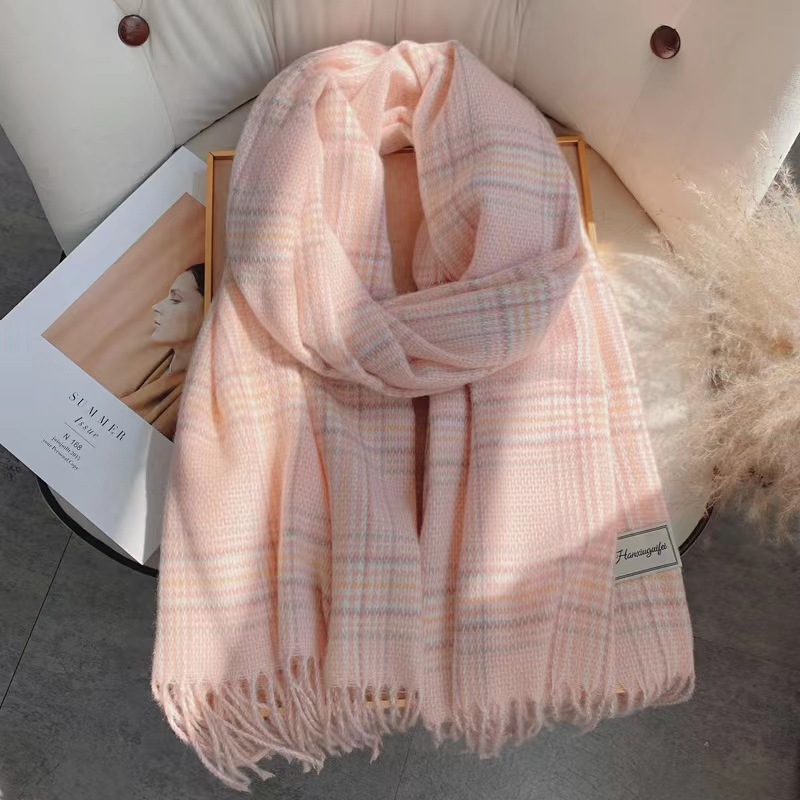 Pink Plaid Scarf Female Autumn Winter Advanced Sense 2023 New Korean Version Warm Thick Scarf Cape
