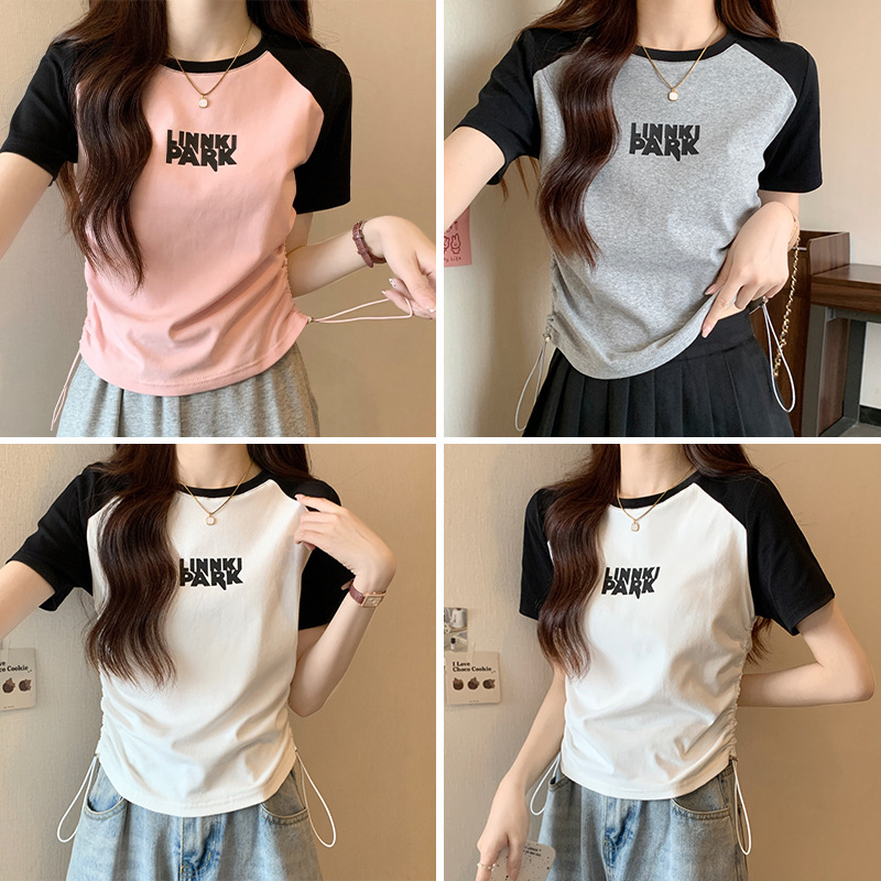 Thread Cotton Shoulder Color Short-Sleeved T-Shirt Women's Summer New Slim-Fit Women's Dress Design Sense Of Niche Top Application Scenario