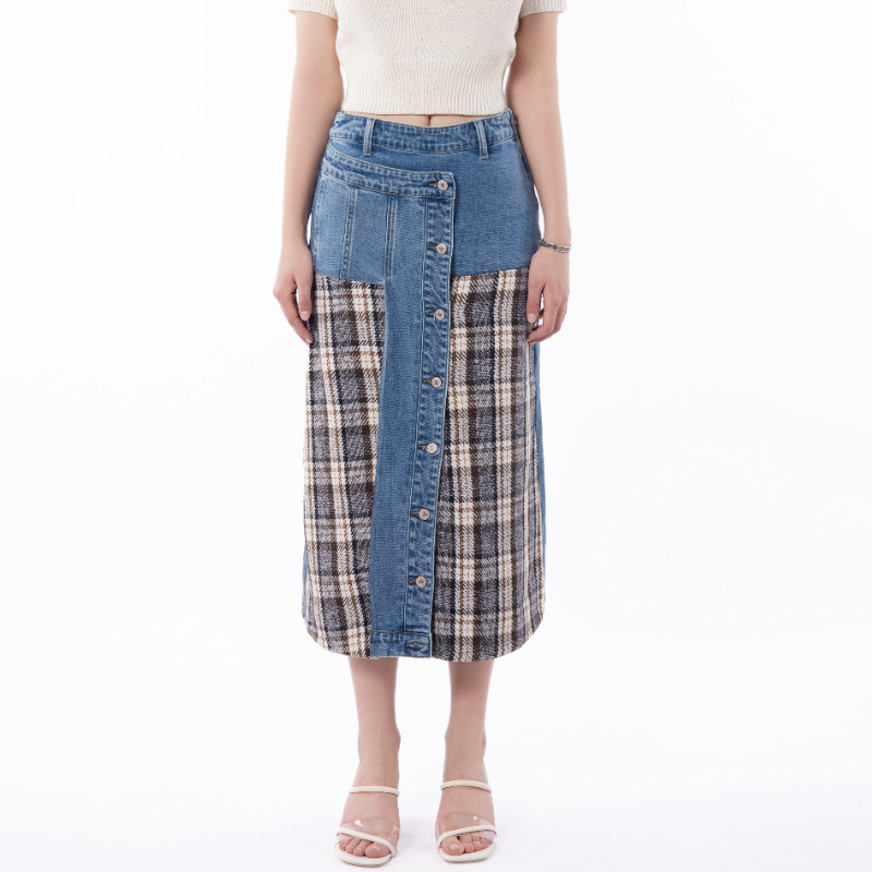 Cross-border European and American denim fashion skirt, checkered denim skirt, half skirt, high-waisted and slimming fashionable denim skirt for women details Picture