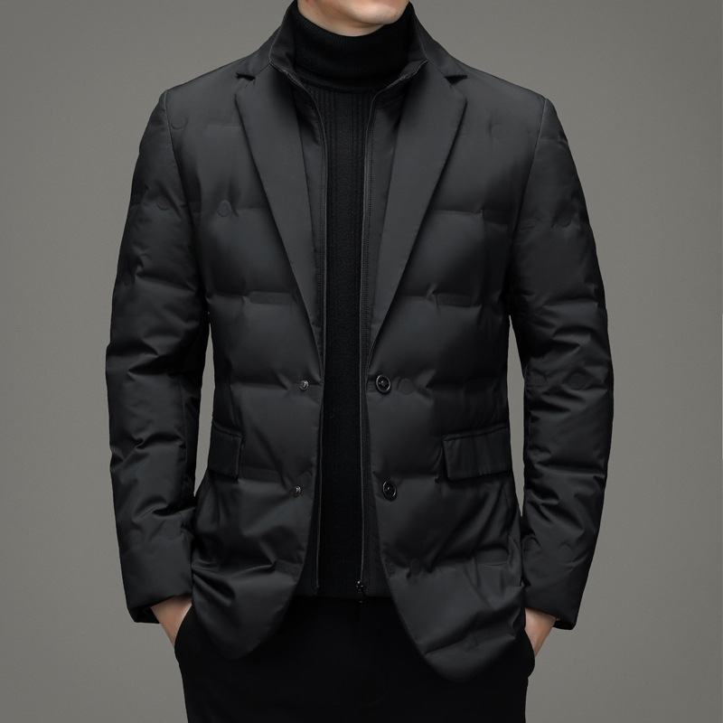 秋冬季西服款保暖休闲时尚羽绒服男可脱卸立领 假两件