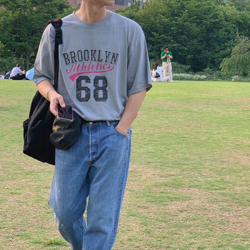 MYQ复古字母印花T恤男女韩版潮流圆领半袖夏季宽松纯棉短袖情侣