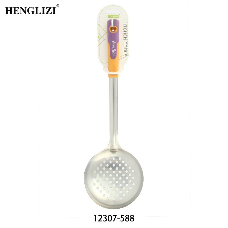 Cross-border household stainless steel spatula soup spoon Frying spatula slotted spoon Non-stick pan non-slip two-color Korean handle kitchen utensils Specification drawing