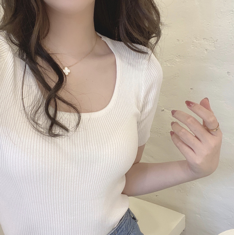 Spring/Summer 2024 new round-neck, form-fitting, thin ice silk base knitted sweater women's short-sleeved T-shirt top Specification image