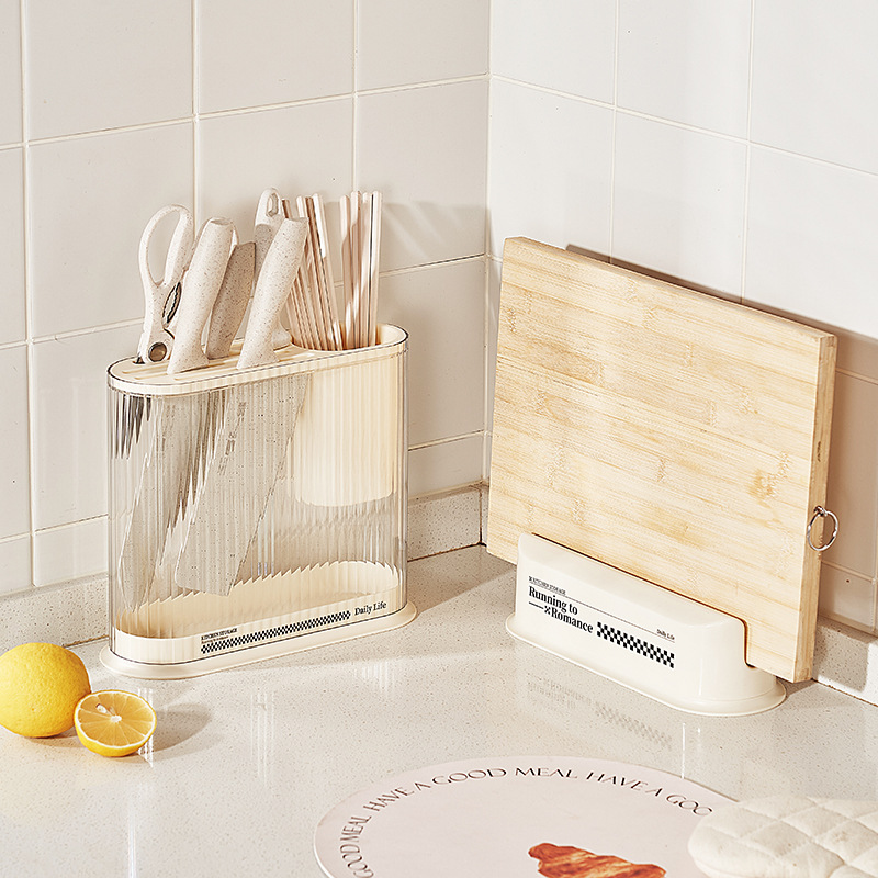 Kitchen Storage Cream Wind High Appearance Horizontal Knife Holder Cutting Board One Stand Pot Lid Rack Knife Fork Chopsticks Cage Knife Storage Rack Specification drawing