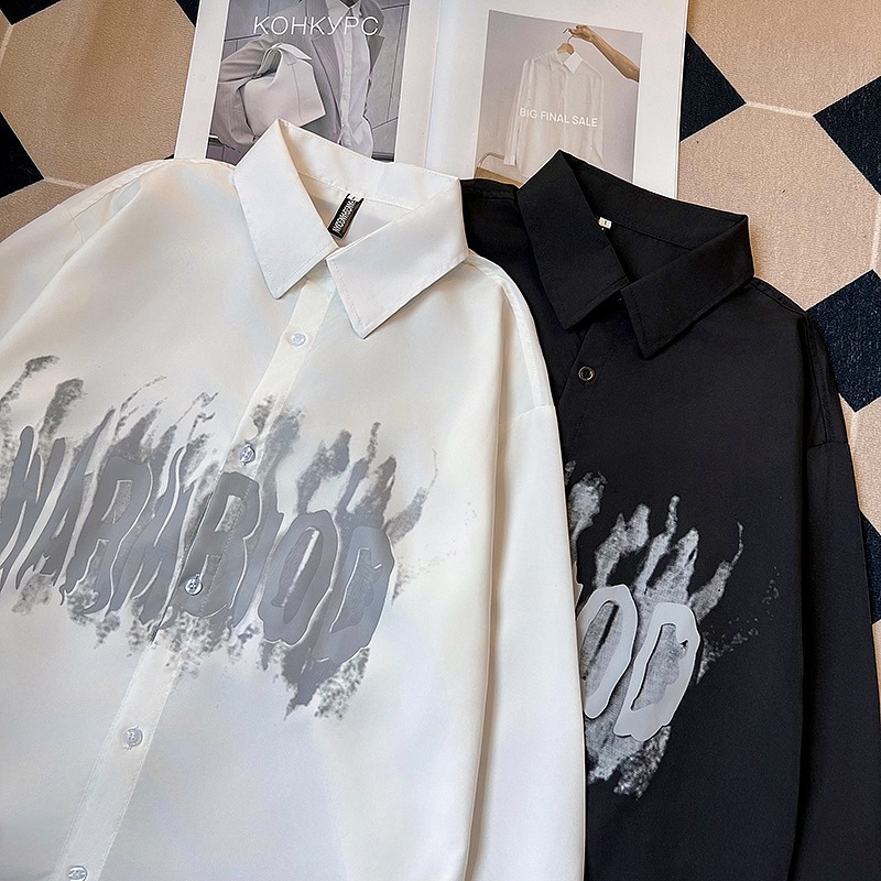 High-end ink-wash letter printed men's long-sleeved, niche Korean design, drape long-sleeved shirt, trendy on Instagram details Picture