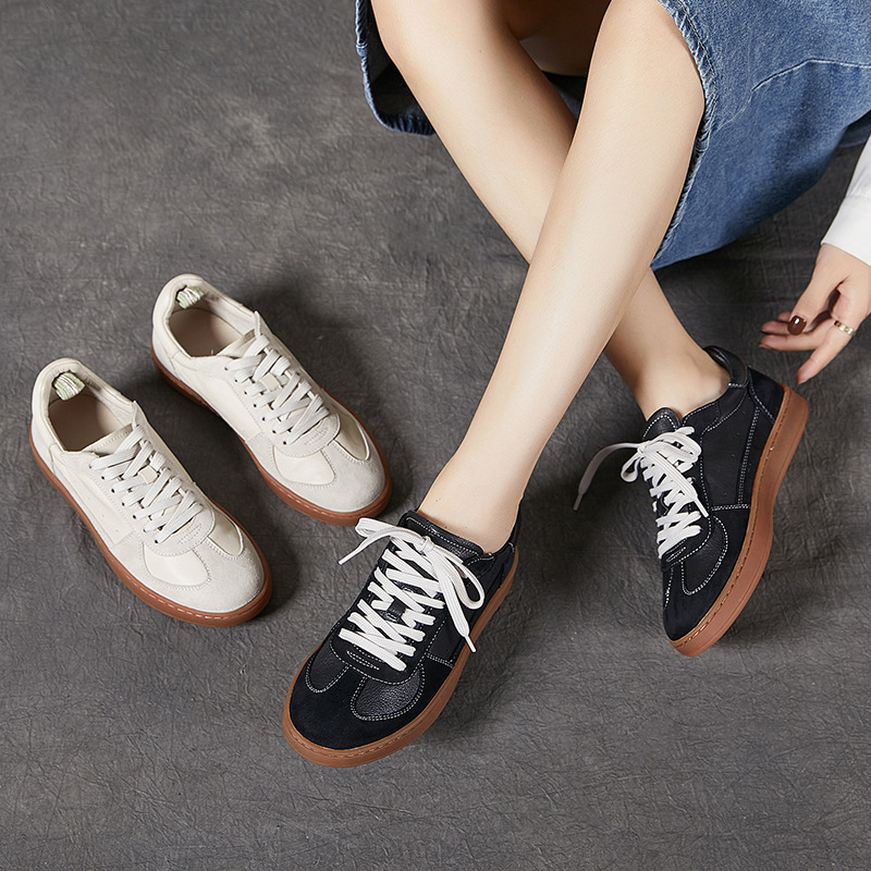 Plati Foreign Trade Original Single German Training Shoes First Layer Cowhide Casual Sports Female Couple Lace-Up Waffle Student Shoes details Picture