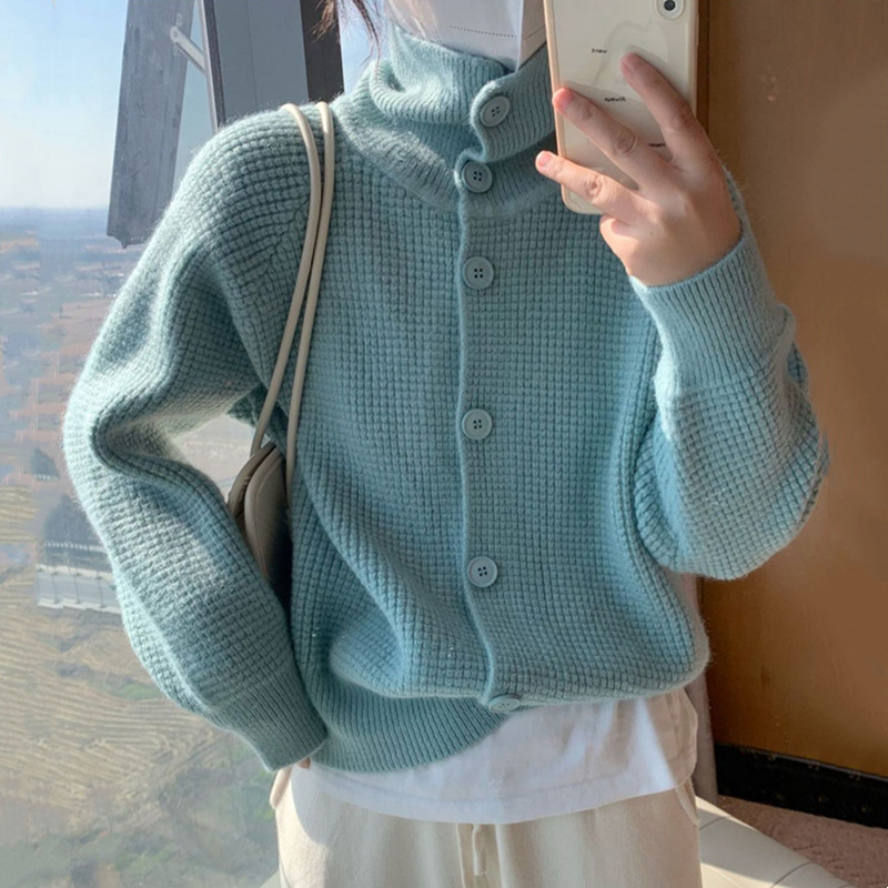 Soft and niche waffle single-breasted knitted cardigan for women 2022 autumn and winter new lapel long-sleeved sweater coat for women details Picture