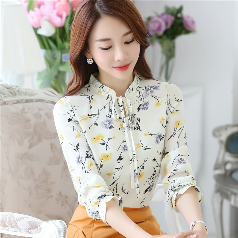 Printed chiffon shirt autumn collection new Korean-style loose, slimming, ladylike, versatile long-sleeved base layer, women's top Item Picture