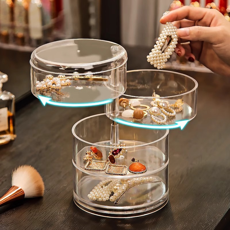 Cosmetic storage box, transparent acrylic, bedroom rotating dust-proof jewelry, headband, earrings, powder puff, lipstick shelf full figure